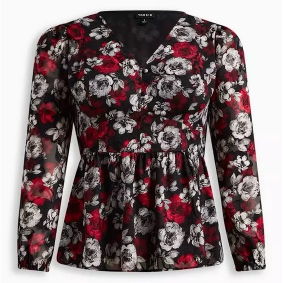 TORRID Size 00 0X XL Red White Peplum Chiffon Floral Top NWT R$59 - Picture 4 of 11